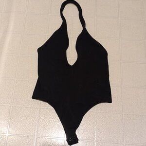 Ladies Express Black Sleeveless Deep V Halter Top Leotard Bodysuit Size S